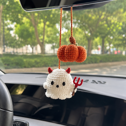 Handmade Crochet Halloween Ghost & Pumpkin Car Hanging Ornament | Spooky-Cute Mirror Charm