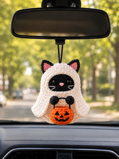 Handmade Crochet Siamese Cat Ghost Car Hanging Accessory | Spooky-Cute Halloween Mirror Charm