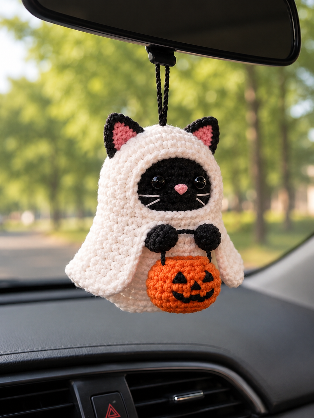 Handmade Crochet Siamese Cat Ghost Car Hanging Accessory | Spooky-Cute Halloween Mirror Charm