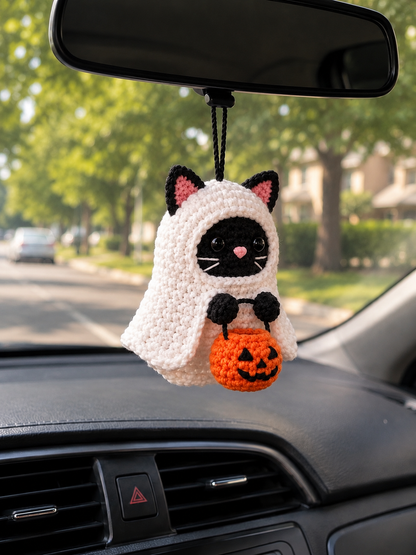Handmade Crochet Siamese Cat Ghost Car Hanging Accessory | Spooky-Cute Halloween Mirror Charm