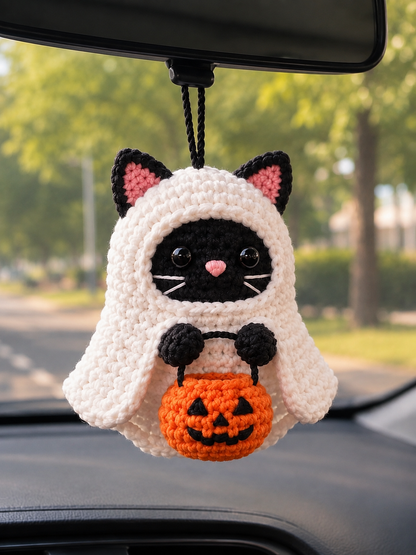 Handmade Crochet Siamese Cat Ghost Car Hanging Accessory | Spooky-Cute Halloween Mirror Charm