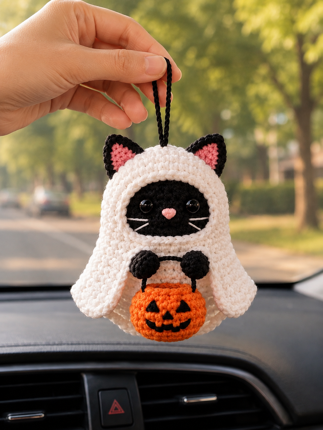 Handmade Crochet Siamese Cat Ghost Car Hanging Accessory | Spooky-Cute Halloween Mirror Charm