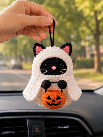 Handmade Crochet Siamese Cat Ghost Car Hanging Accessory | Spooky-Cute Halloween Mirror Charm