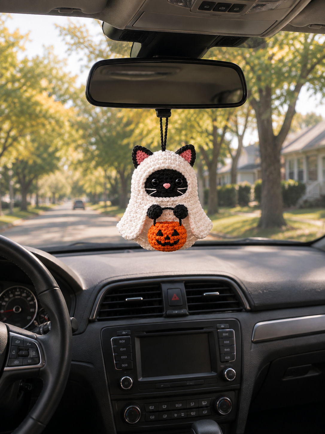 Handmade Crochet Siamese Cat Ghost Car Hanging Accessory | Spooky-Cute Halloween Mirror Charm