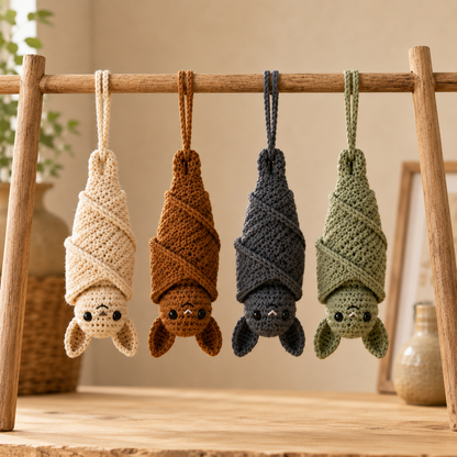 Handmade Crochet Hanging Bat Plushie | Adorable Sleeping Bat Bag Charm & Car Accessory