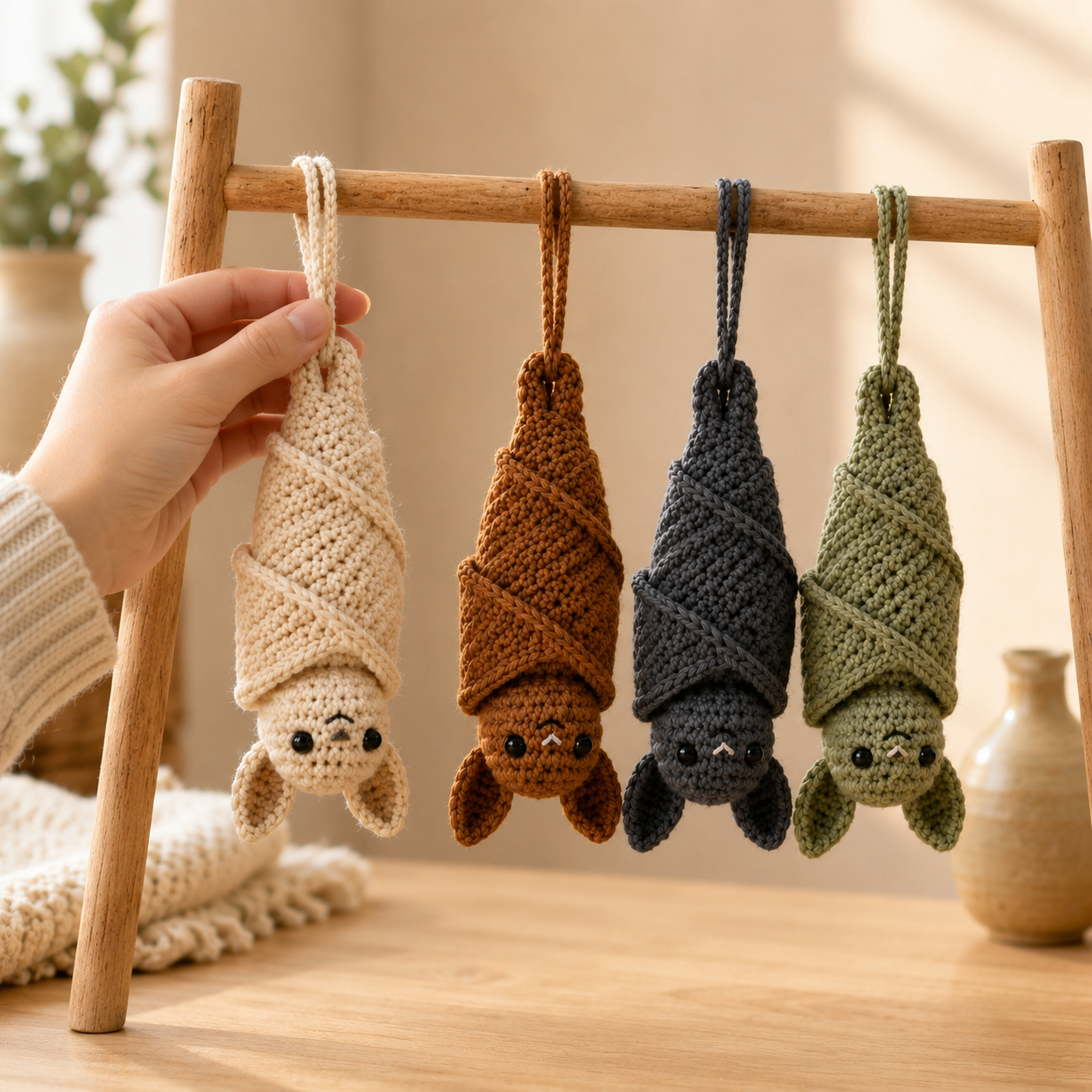 Handmade Crochet Hanging Bat Plushie | Adorable Sleeping Bat Bag Charm & Car Accessory