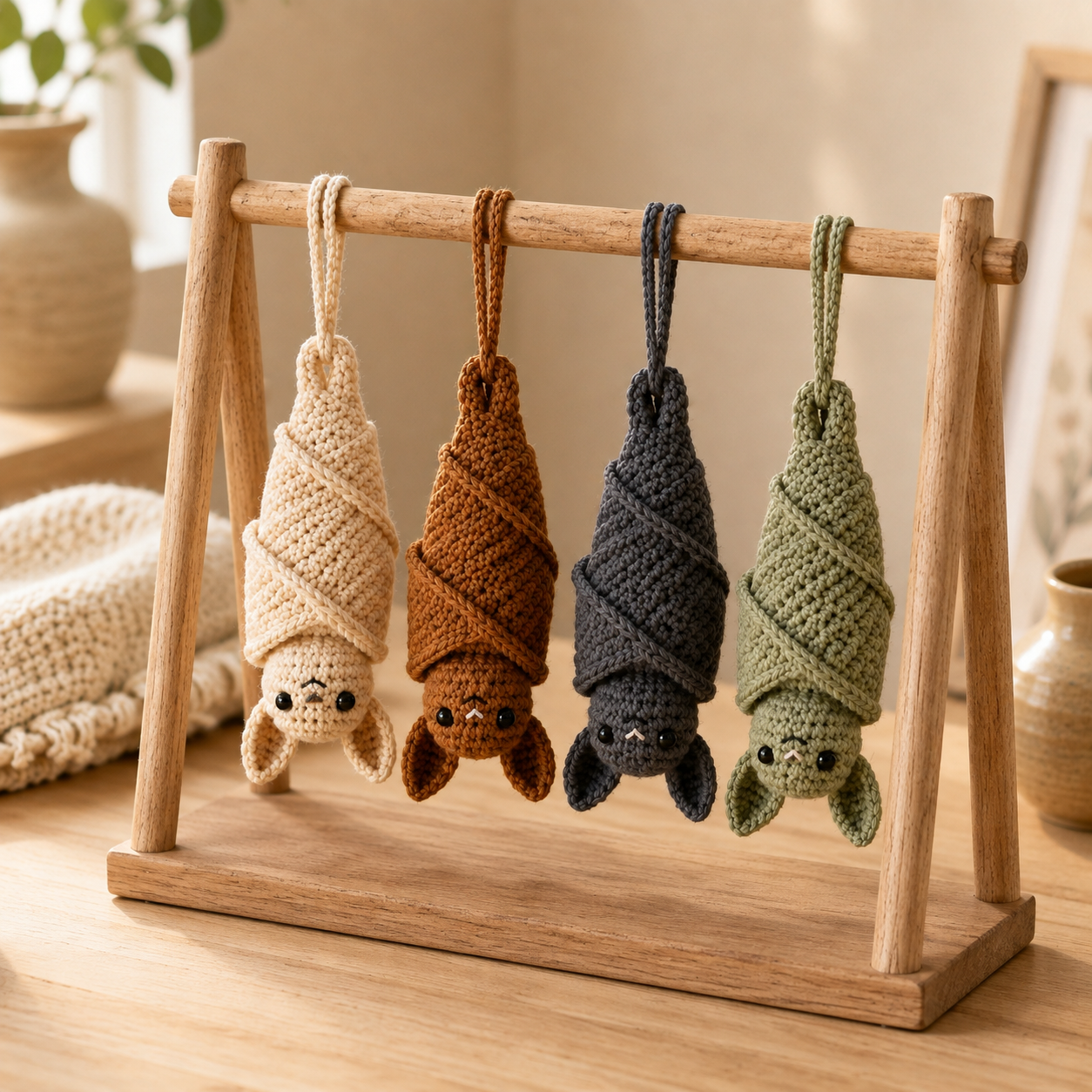 Handmade Crochet Hanging Bat Plushie | Adorable Sleeping Bat Bag Charm & Car Accessory