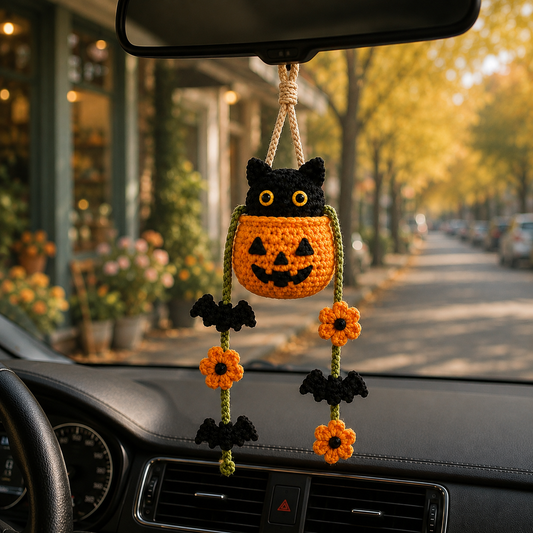 Handmade Crochet Halloween Cat in Pumpkin Car Hanging Ornament | Spooky-Cute Mirror Charm