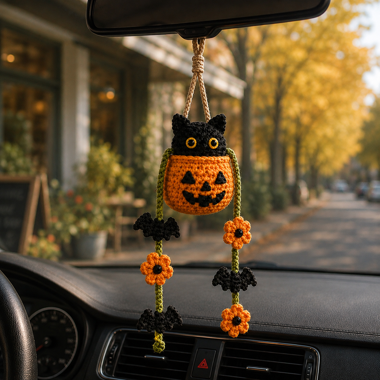 Handmade Crochet Halloween Cat in Pumpkin Car Hanging Ornament | Spooky-Cute Mirror Charm