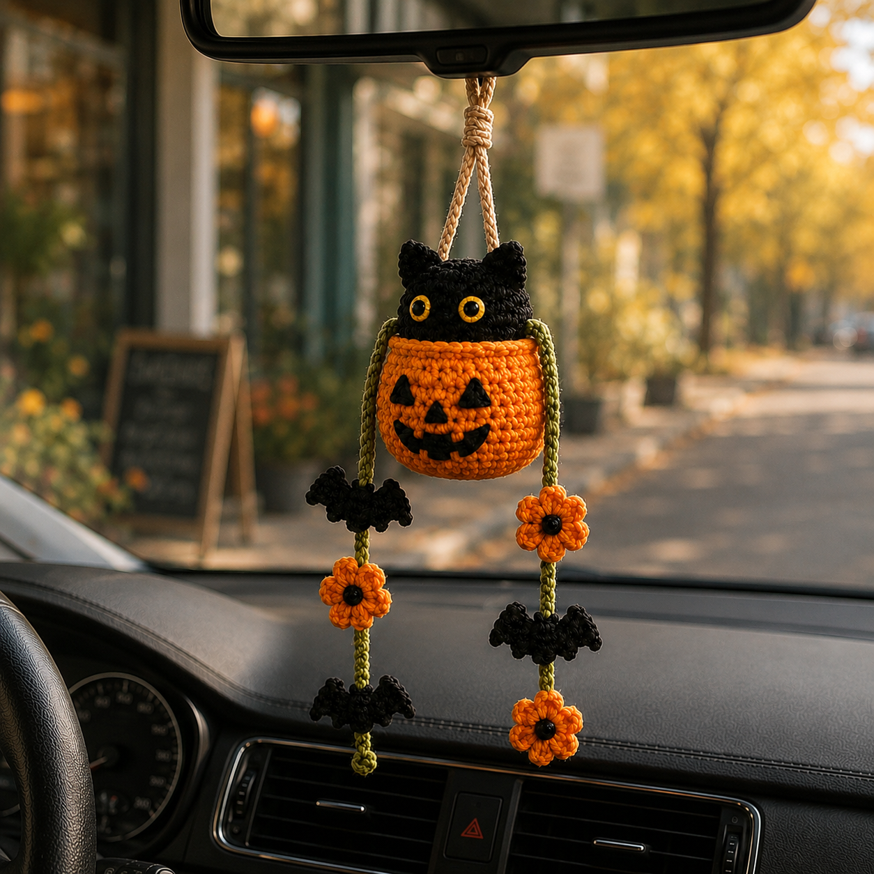 Handmade Crochet Halloween Cat in Pumpkin Car Hanging Ornament | Spooky-Cute Mirror Charm