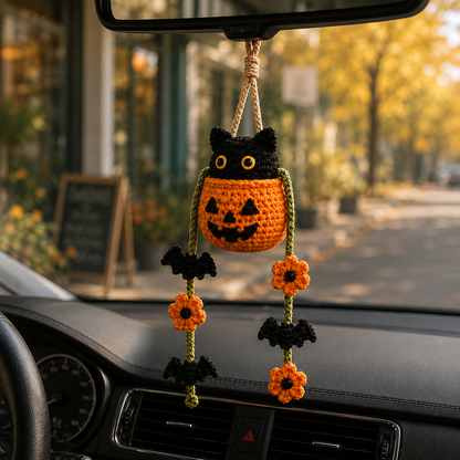Handmade Crochet Halloween Cat in Pumpkin Car Hanging Ornament | Spooky-Cute Mirror Charm