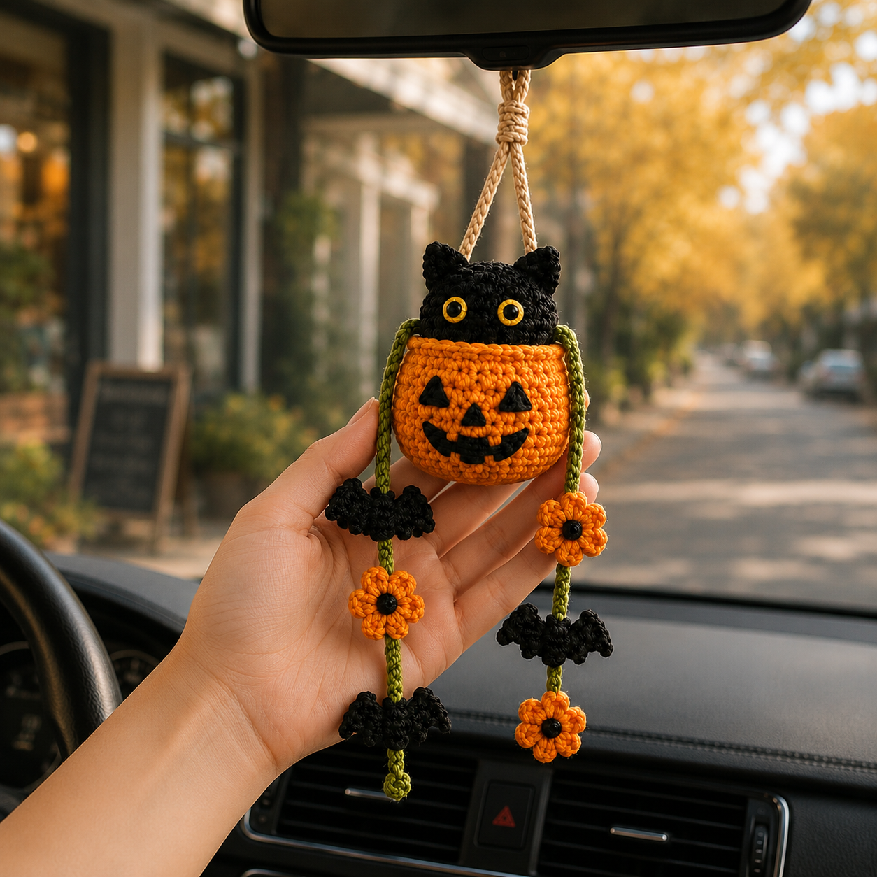 Handmade Crochet Halloween Cat in Pumpkin Car Hanging Ornament | Spooky-Cute Mirror Charm
