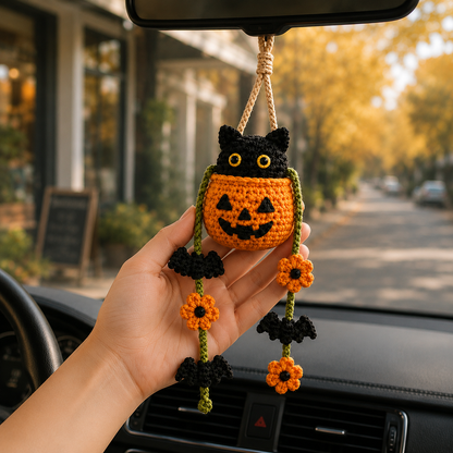 Handmade Crochet Halloween Cat in Pumpkin Car Hanging Ornament | Spooky-Cute Mirror Charm