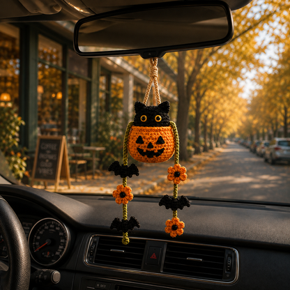Handmade Crochet Halloween Cat in Pumpkin Car Hanging Ornament | Spooky-Cute Mirror Charm