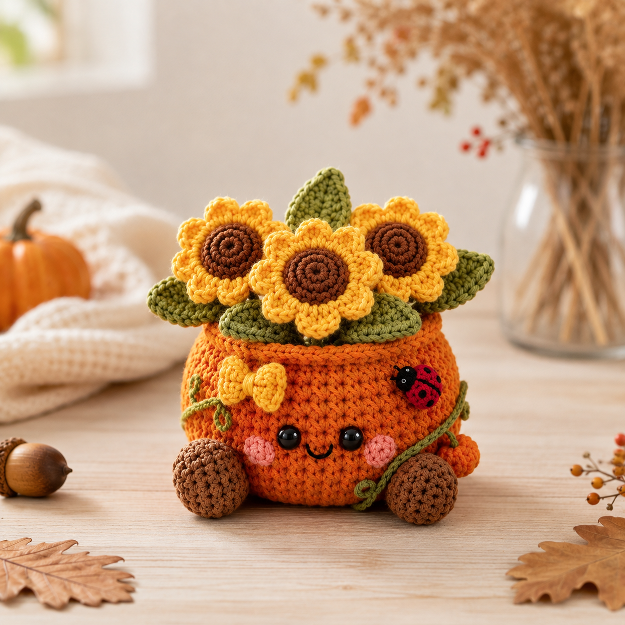 Handmade Crochet Halloween Cat in Pumpkin Car Hanging Ornament | Spooky-Cute Mirror Charm