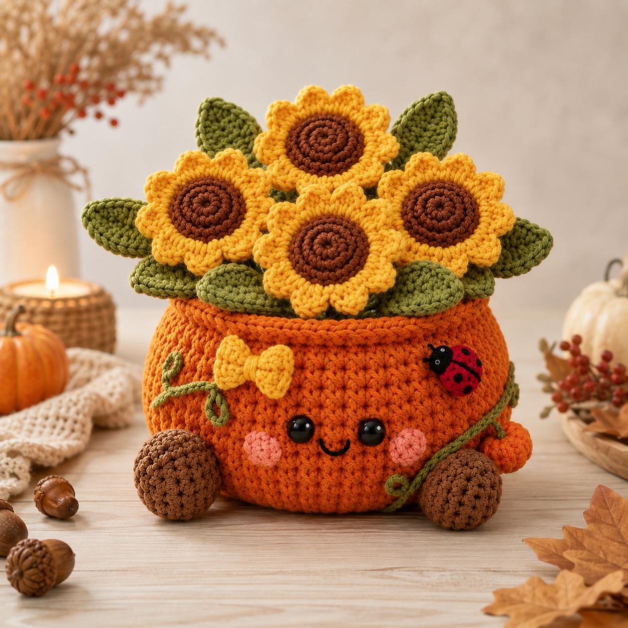 Handmade Crochet Halloween Cat in Pumpkin Car Hanging Ornament | Spooky-Cute Mirror Charm