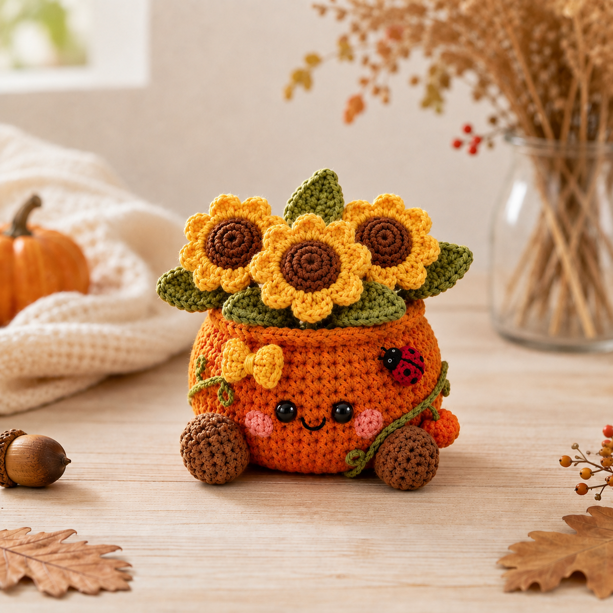 Handmade Crochet Halloween Cat in Pumpkin Car Hanging Ornament | Spooky-Cute Mirror Charm
