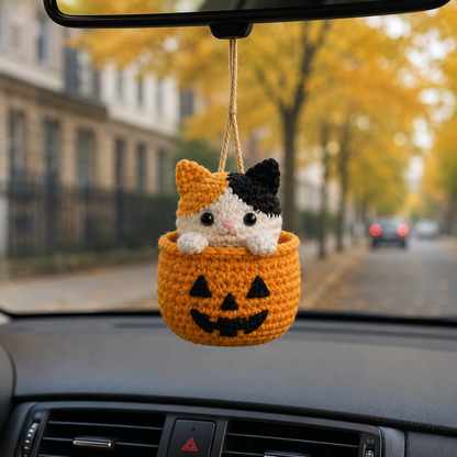 Handmade Crochet Halloween Cat in Pumpkin Car Hanging Ornament | Spooky-Cute Mirror Charm
