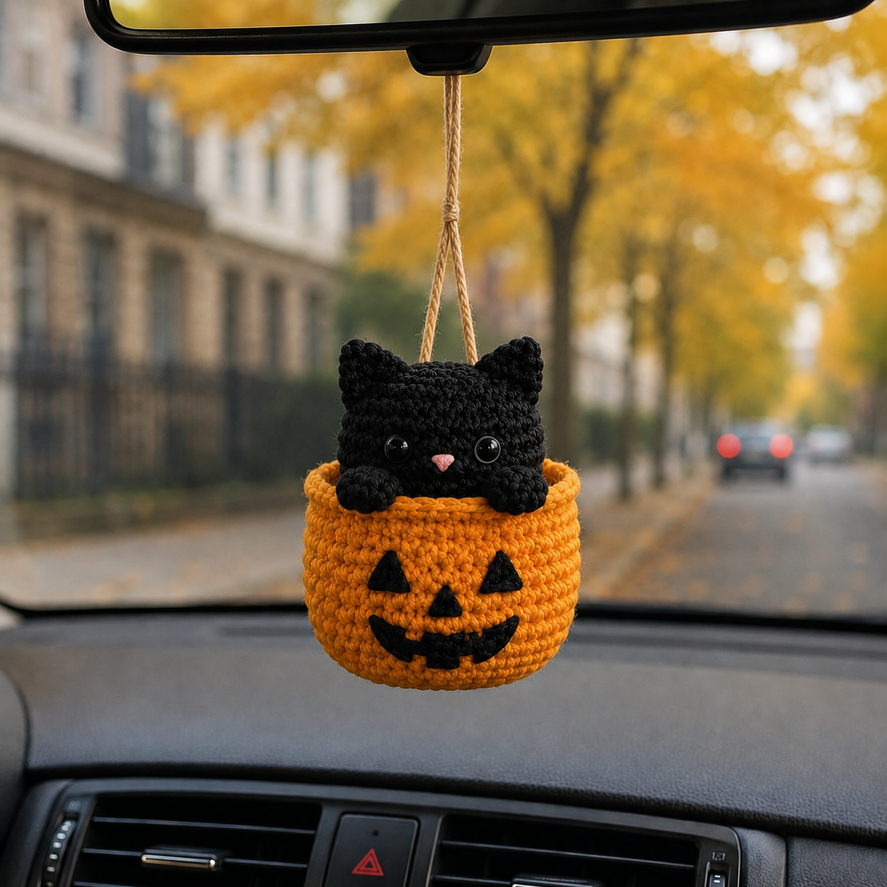 Handmade Crochet Halloween Cat in Pumpkin Car Hanging Ornament | Spooky-Cute Mirror Charm