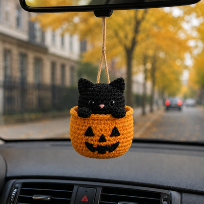 Handmade Crochet Halloween Cat in Pumpkin Car Hanging Ornament | Spooky-Cute Mirror Charm