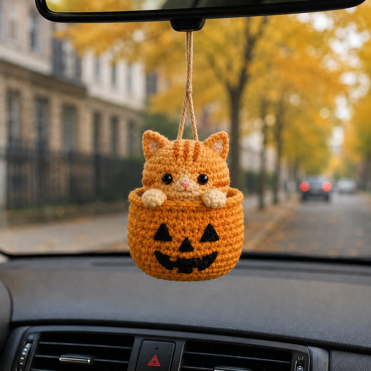 Handmade Crochet Halloween Cat in Pumpkin Car Hanging Ornament | Spooky-Cute Mirror Charm