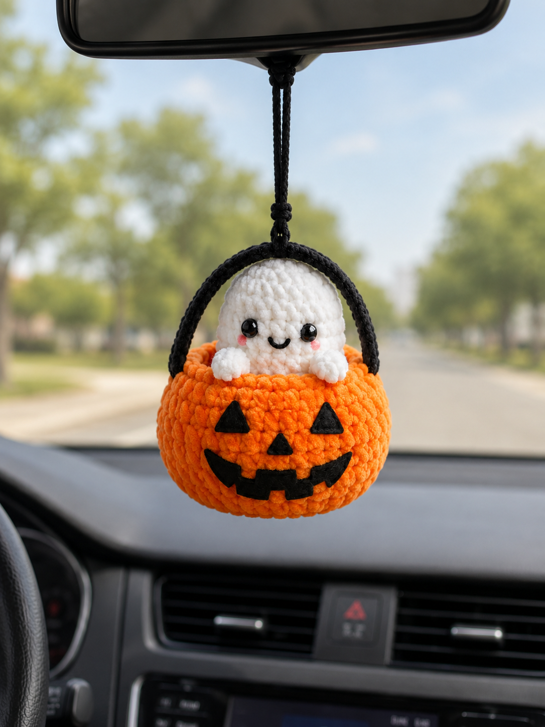 Handmade Crochet Halloween Ghost in Pumpkin Bucket Car Hanging Accessory | Spooky-Cute Mirror Charm