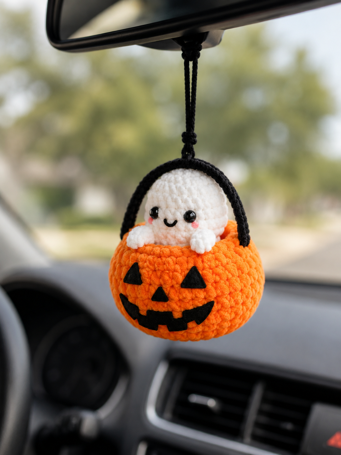 Handmade Crochet Halloween Ghost in Pumpkin Bucket Car Hanging Accessory | Spooky-Cute Mirror Charm