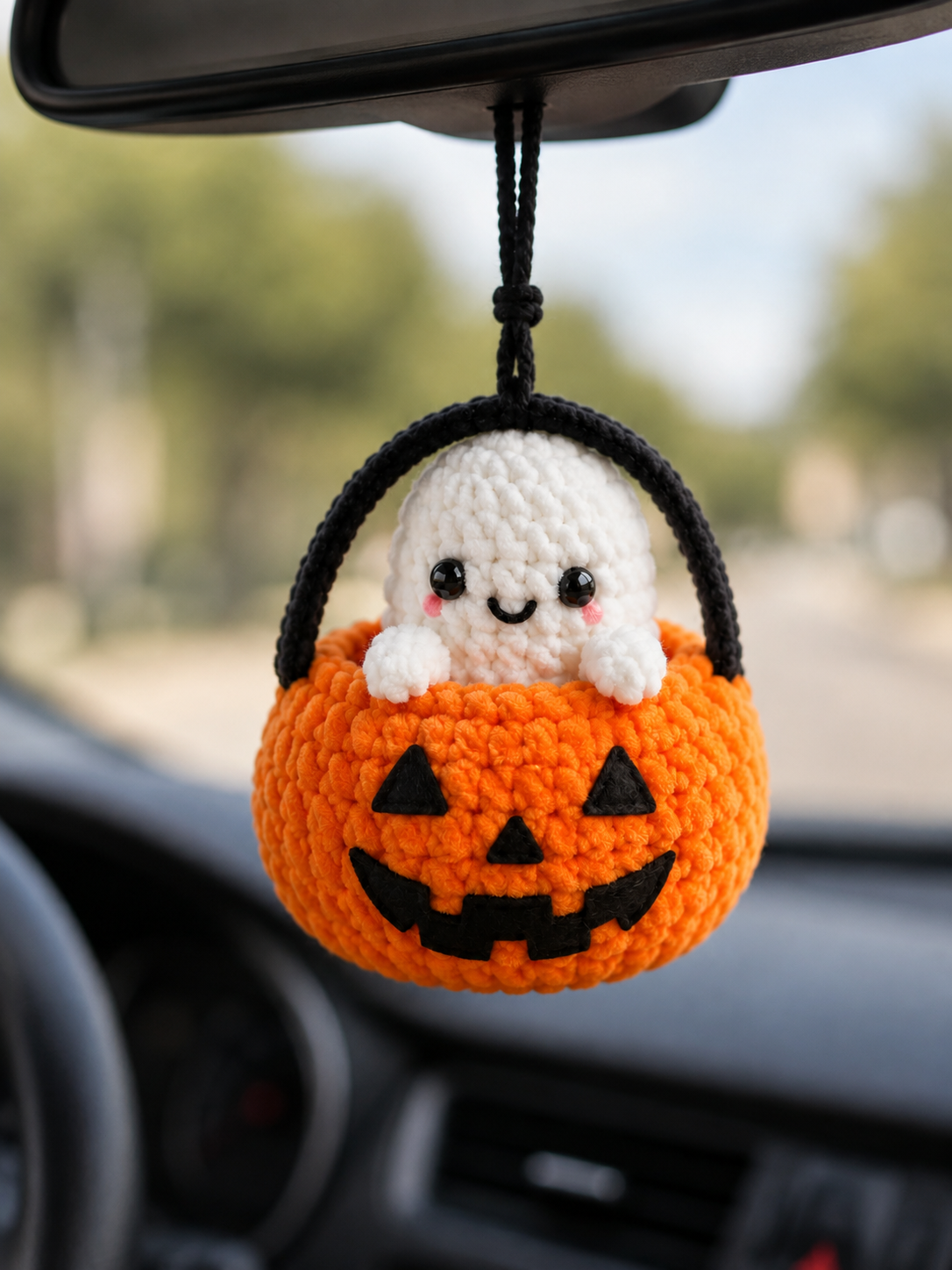 Handmade Crochet Halloween Ghost in Pumpkin Bucket Car Hanging Accessory | Spooky-Cute Mirror Charm