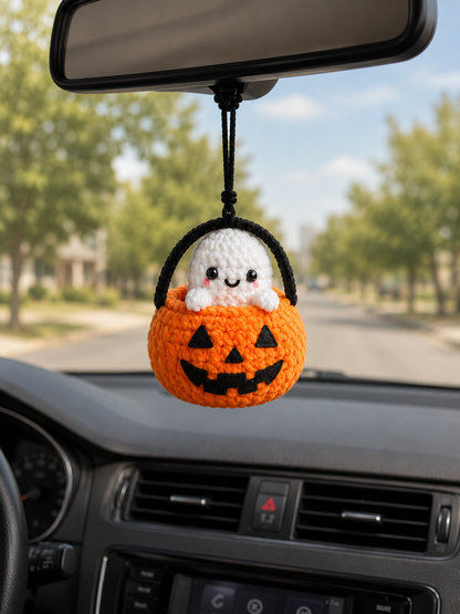 Handmade Crochet Halloween Ghost in Pumpkin Bucket Car Hanging Accessory | Spooky-Cute Mirror Charm