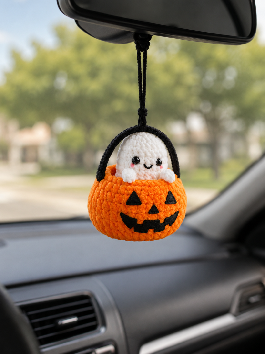 Handmade Crochet Halloween Ghost in Pumpkin Bucket Car Hanging Accessory | Spooky-Cute Mirror Charm