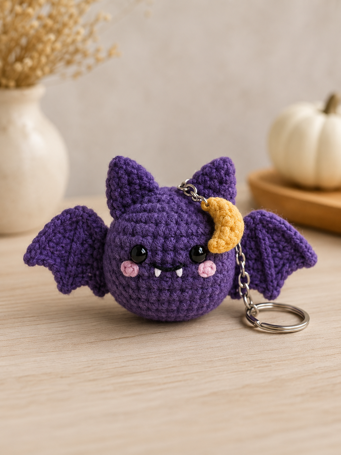 Handmade Crochet Purple Moon Bat Keychain | Spooky-Cute Halloween Bag Charm