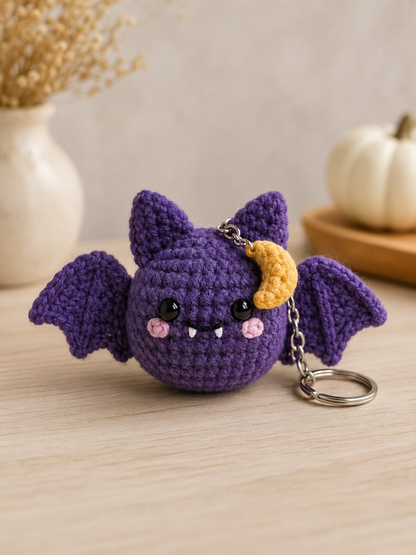 Handmade Crochet Purple Moon Bat Keychain | Spooky-Cute Halloween Bag Charm