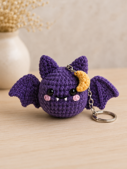Handmade Crochet Purple Moon Bat Keychain | Spooky-Cute Halloween Bag Charm