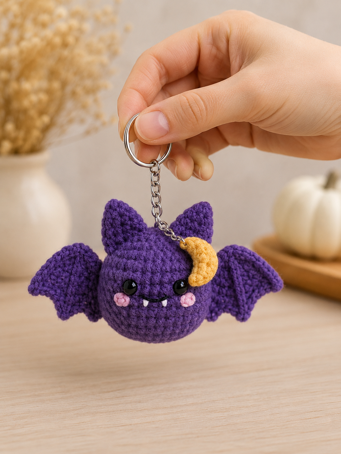Handmade Crochet Purple Moon Bat Keychain | Spooky-Cute Halloween Bag Charm
