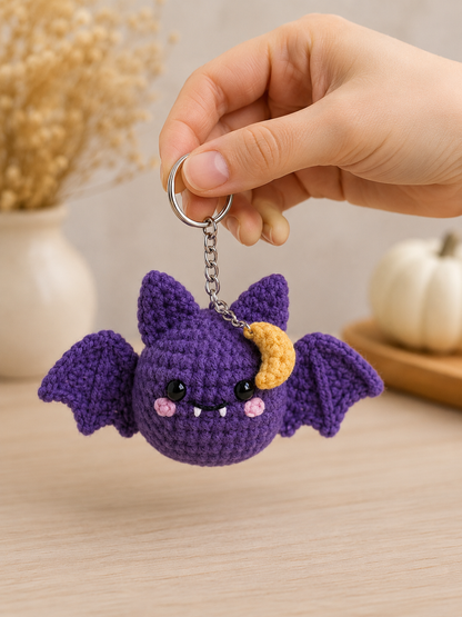 Handmade Crochet Purple Moon Bat Keychain | Spooky-Cute Halloween Bag Charm