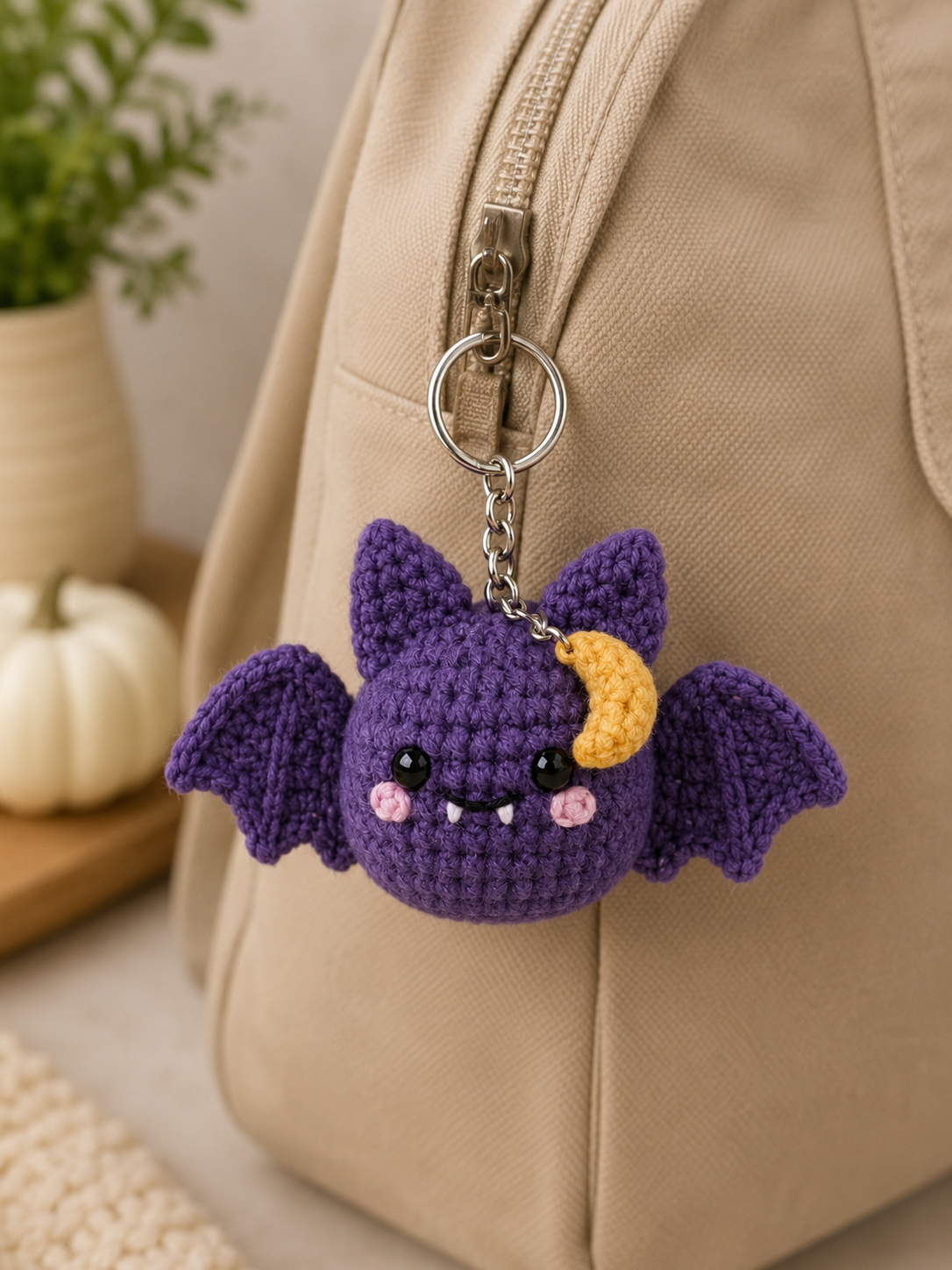 Handmade Crochet Purple Moon Bat Keychain | Spooky-Cute Halloween Bag Charm