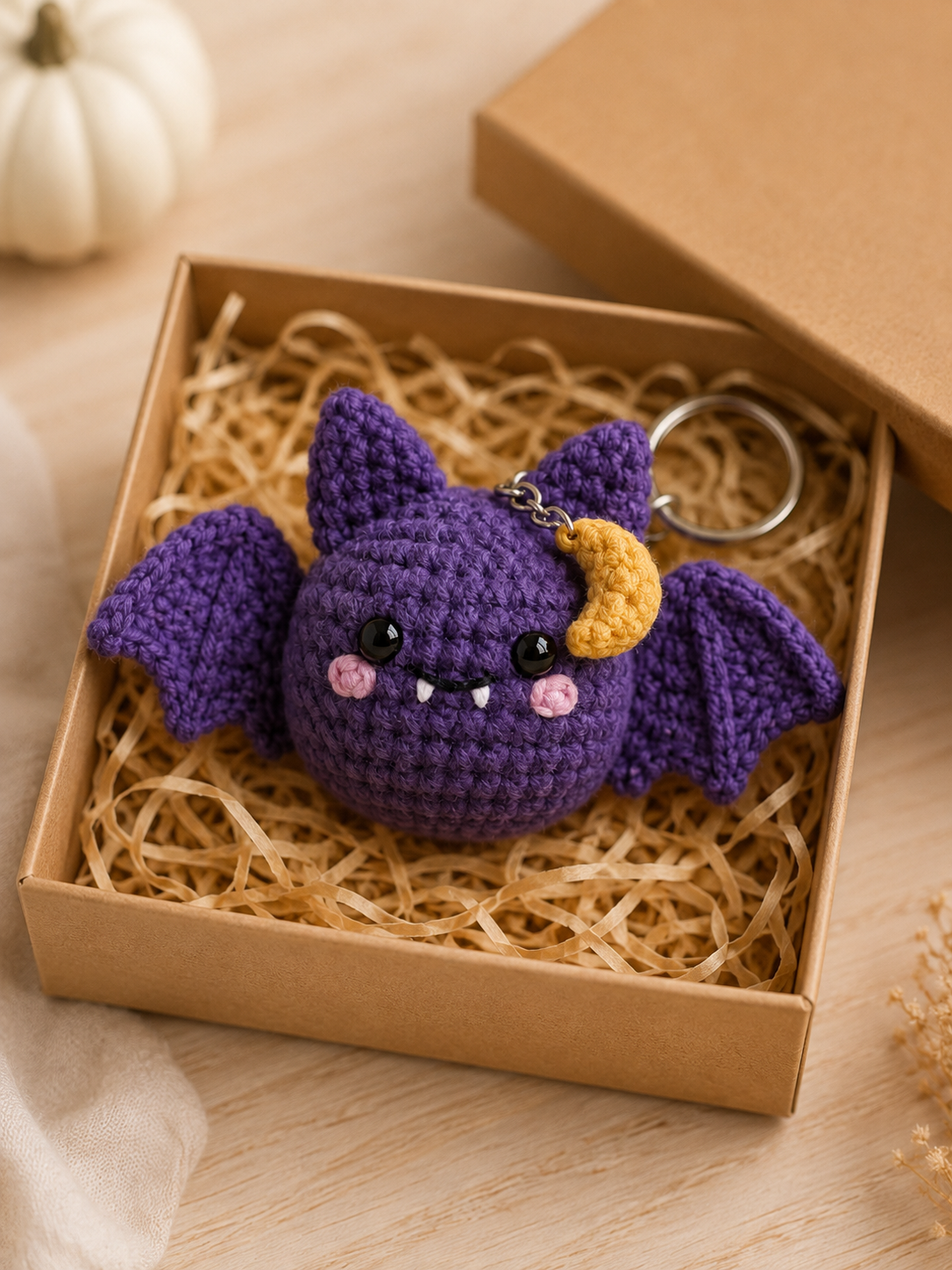 Handmade Crochet Purple Moon Bat Keychain | Spooky-Cute Halloween Bag Charm