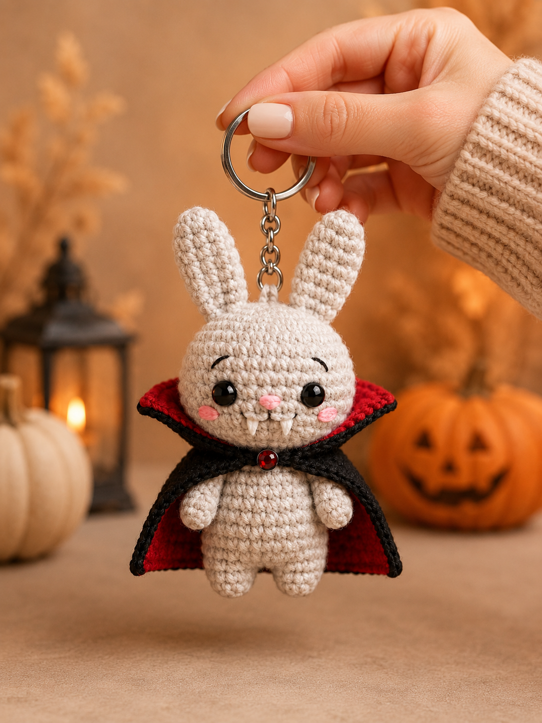 Handmade Crochet Vampire Bunny Keychain | Spooky-Cute Halloween Bag Charm