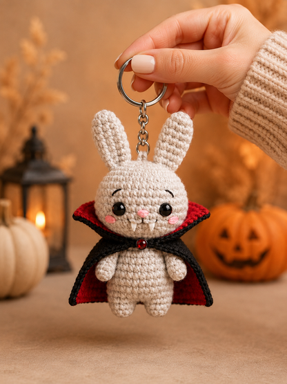 Handmade Crochet Vampire Bunny Keychain | Spooky-Cute Halloween Bag Charm