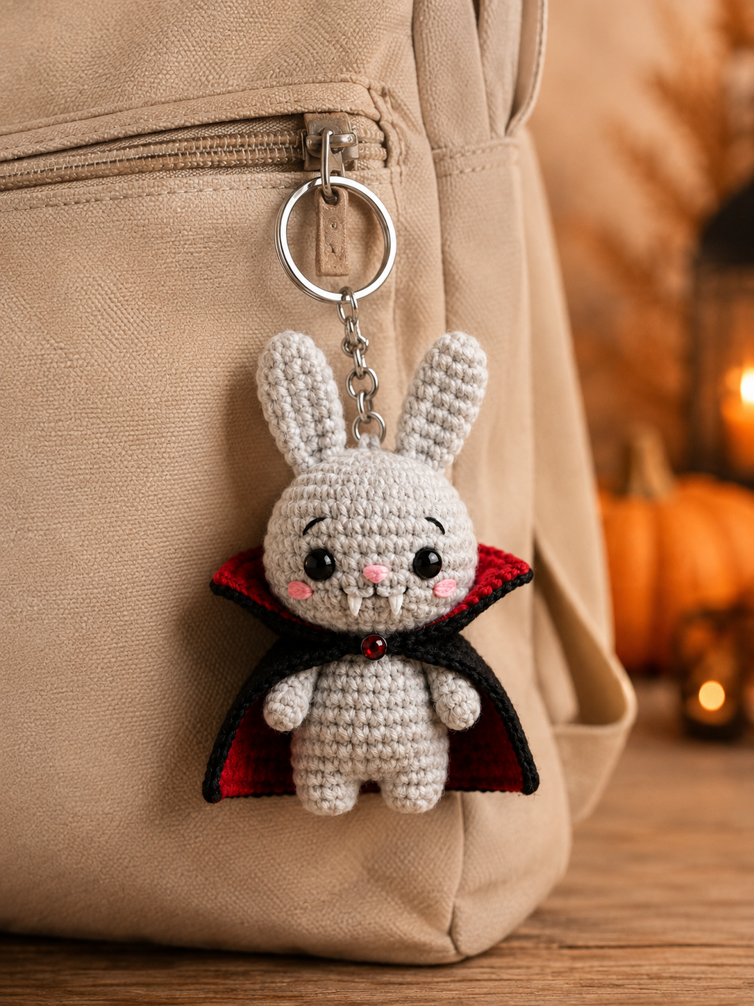 Handmade Crochet Vampire Bunny Keychain | Spooky-Cute Halloween Bag Charm