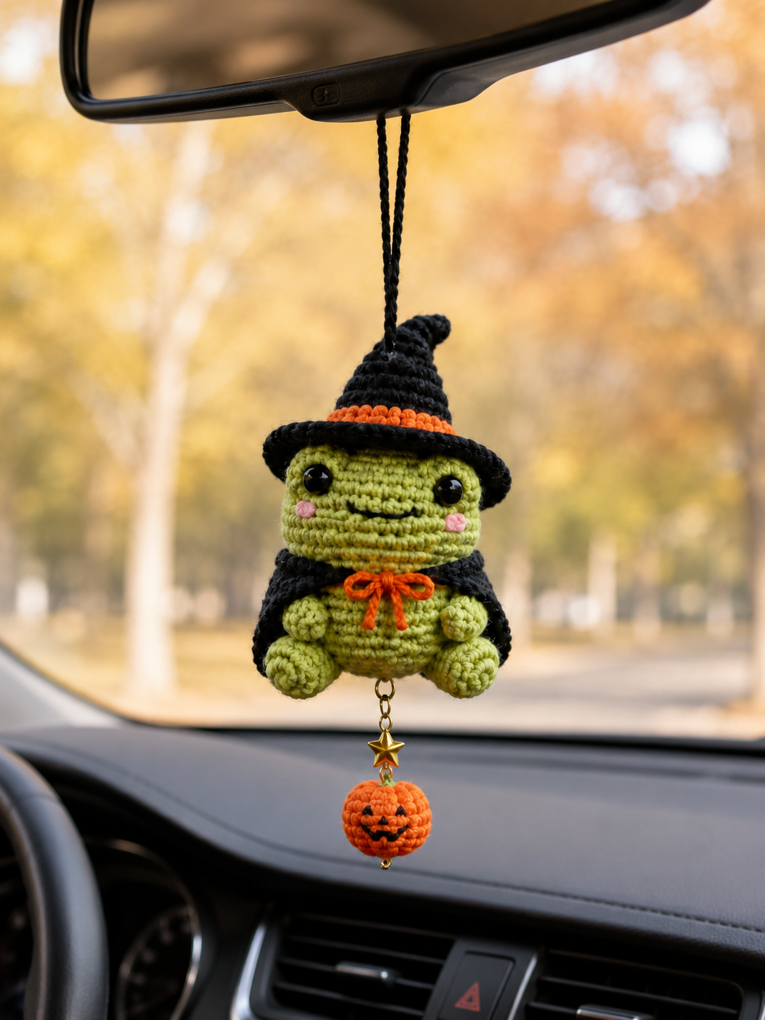 Handmade Crochet Witch Frog Car Hanging Accessory | Spooky-Cute Halloween Mirror Charm