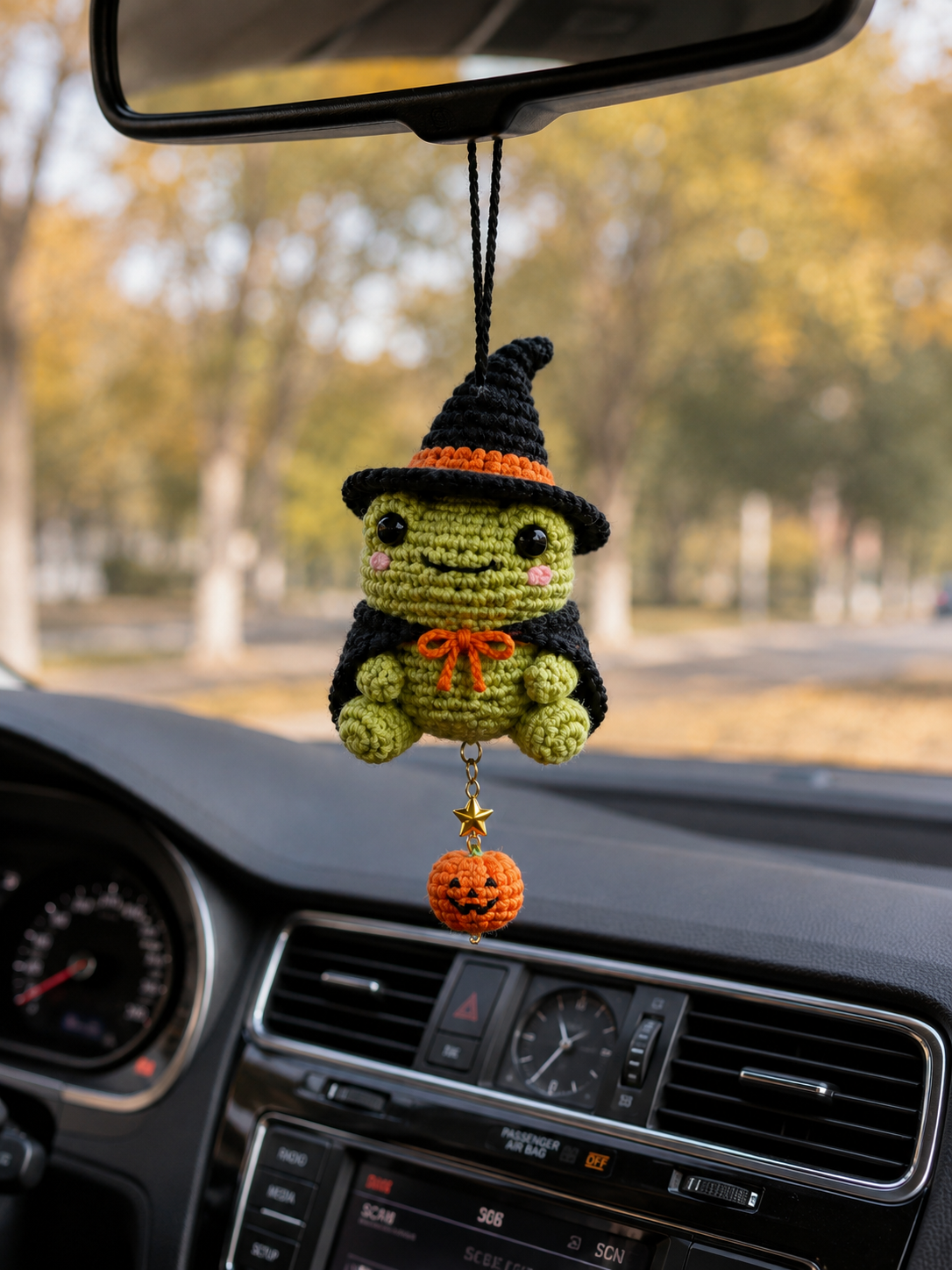 Handmade Crochet Witch Frog Car Hanging Accessory | Spooky-Cute Halloween Mirror Charm