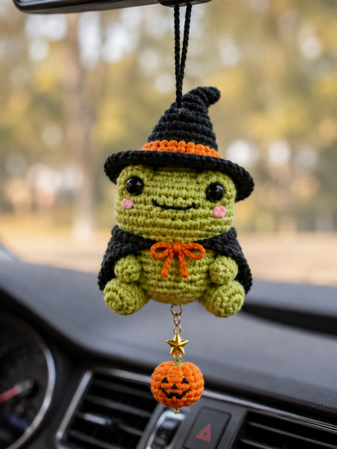 Handmade Crochet Witch Frog Car Hanging Accessory | Spooky-Cute Halloween Mirror Charm