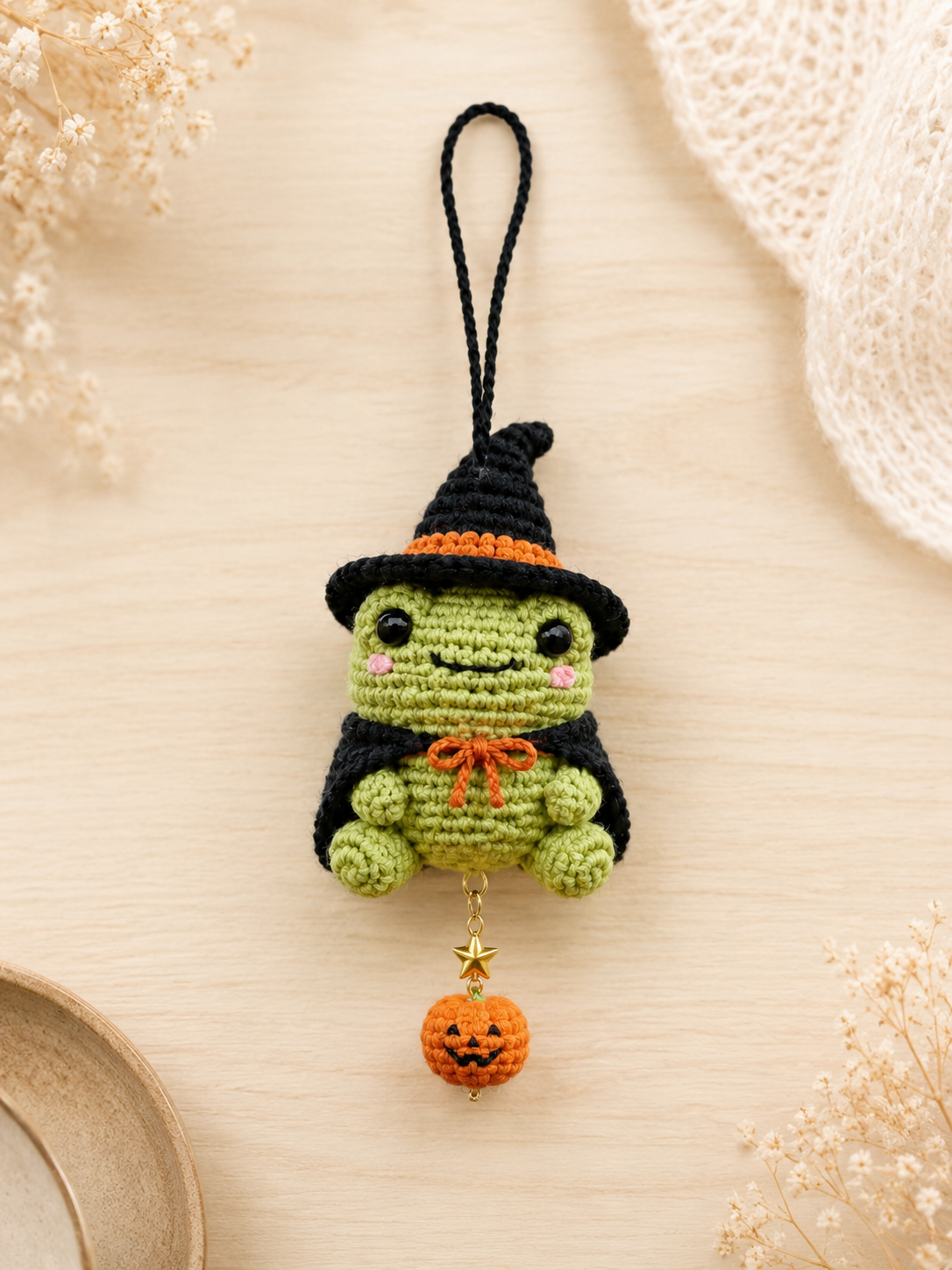 Handmade Crochet Witch Frog Car Hanging Accessory | Spooky-Cute Halloween Mirror Charm