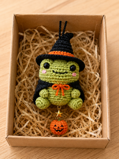 Handmade Crochet Witch Frog Car Hanging Accessory | Spooky-Cute Halloween Mirror Charm