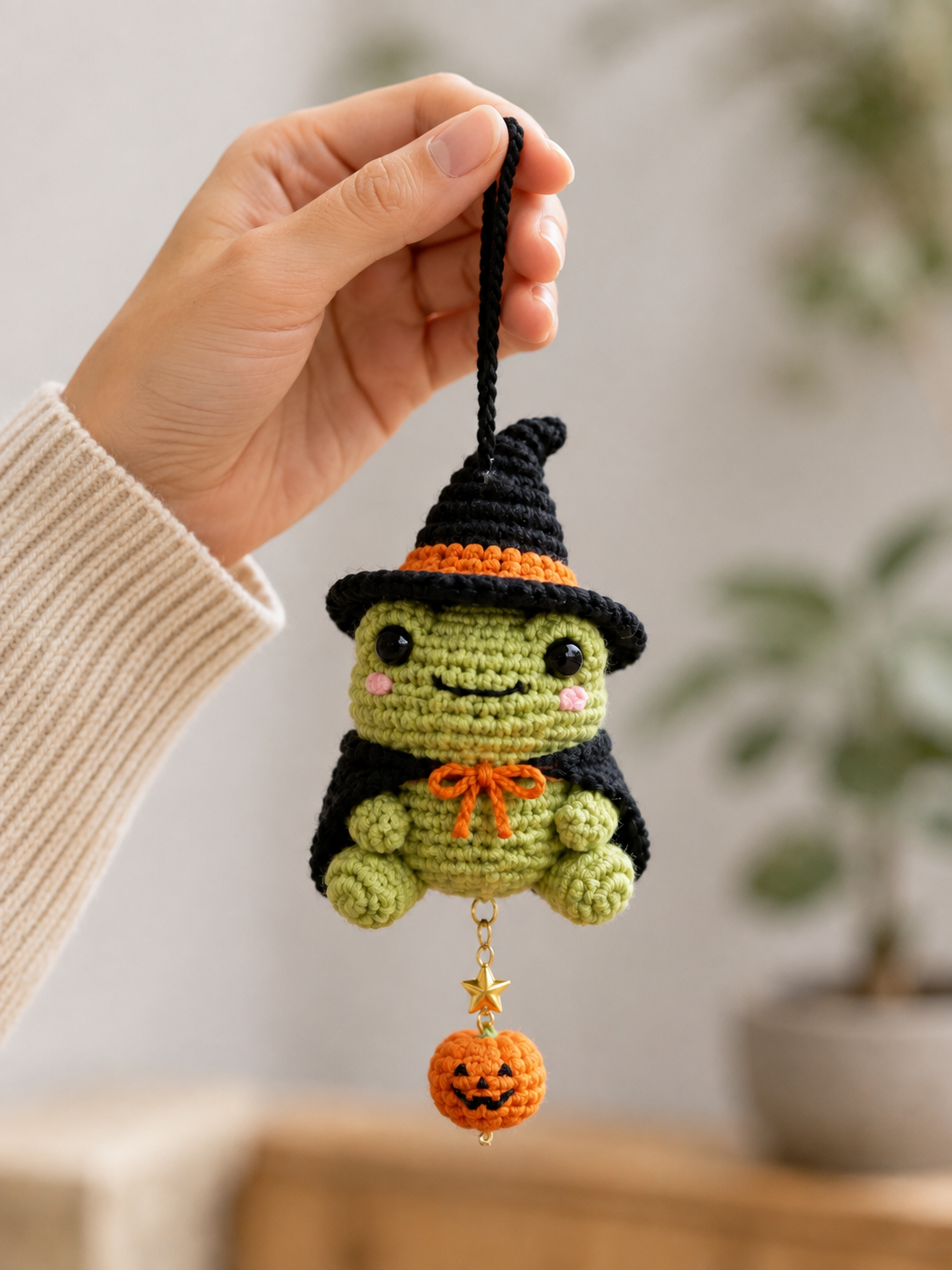 Handmade Crochet Witch Frog Car Hanging Accessory | Spooky-Cute Halloween Mirror Charm