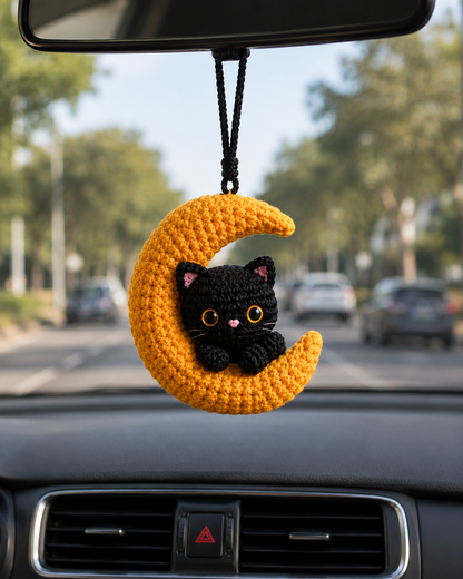 Handmade Crochet Black Cat on Moon Car Hanging Ornament | Mystical Halloween Mirror Charm