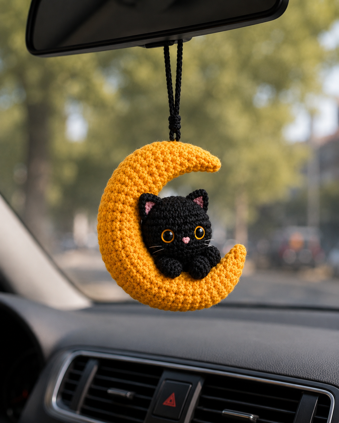 Handmade Crochet Black Cat on Moon Car Hanging Ornament | Mystical Halloween Mirror Charm