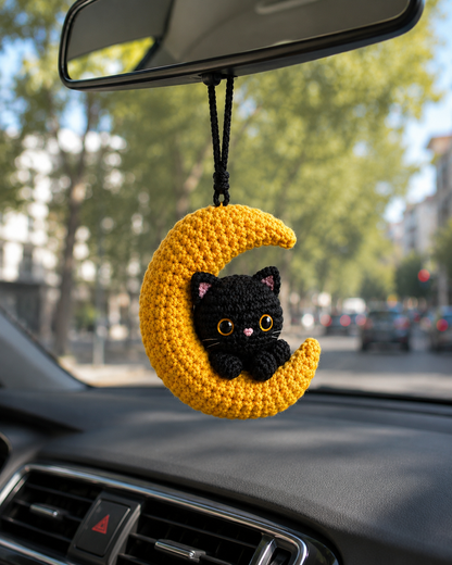 Handmade Crochet Black Cat on Moon Car Hanging Ornament | Mystical Halloween Mirror Charm