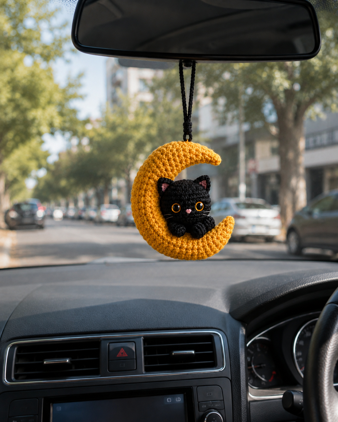 Handmade Crochet Black Cat on Moon Car Hanging Ornament | Mystical Halloween Mirror Charm